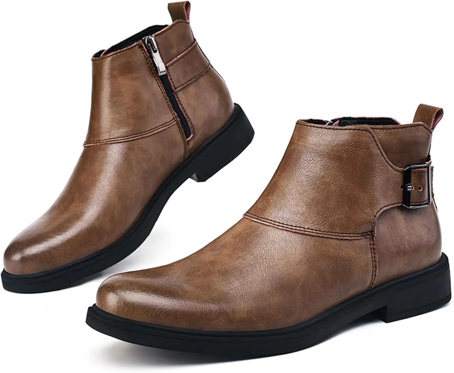 Men's Genuine Leather Pointed Toe Dress Chelsea Boots Adjustable Buckle Inner Zipper Ankle Boots Casual Formal Business Booties