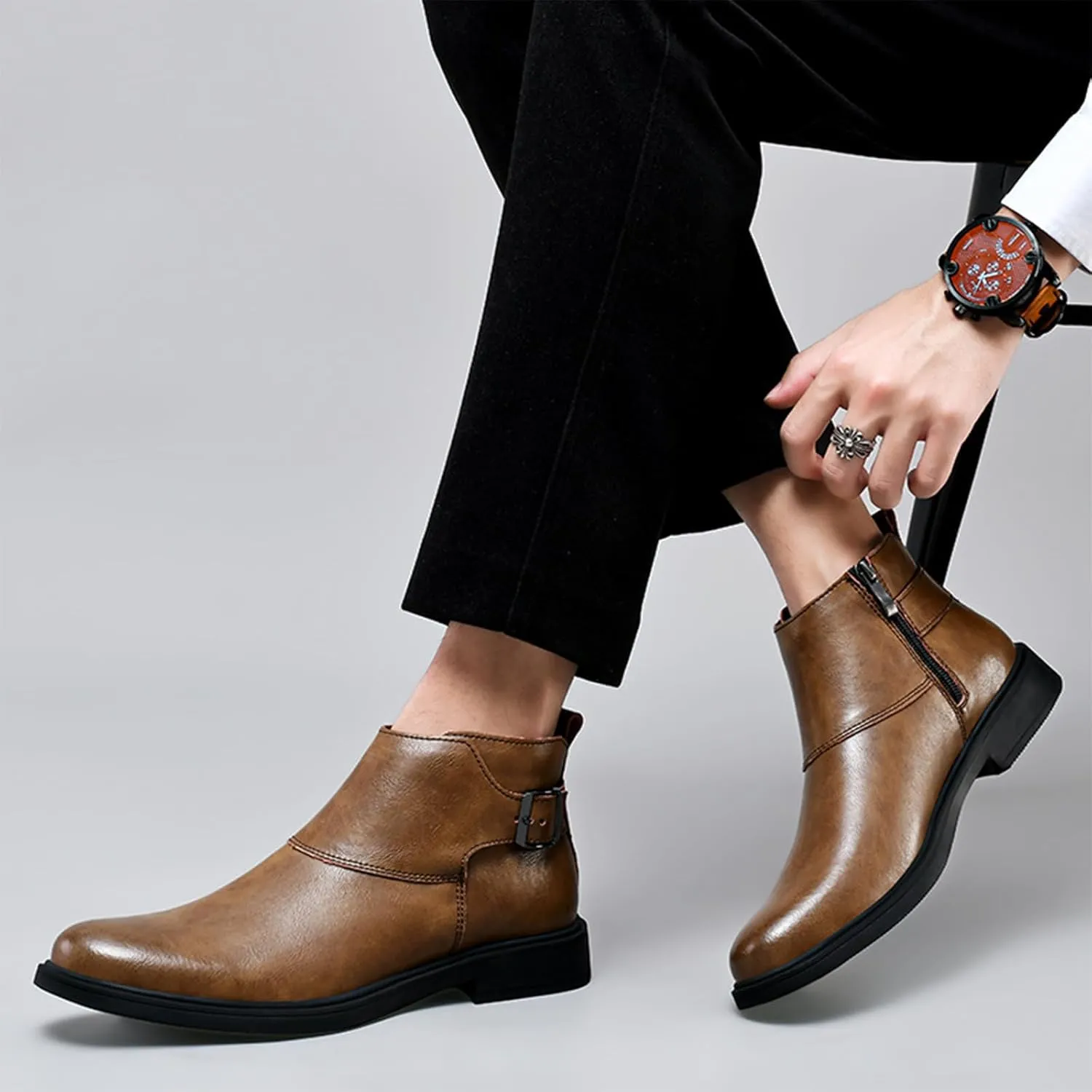 Men's Genuine Leather Pointed Toe Dress Chelsea Boots Adjustable Buckle Inner Zipper Ankle Boots Casual Formal Business Booties