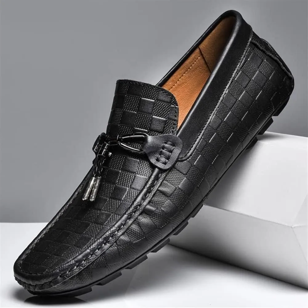 Mens Loafers Moccasins Plaid Simple Leather Lightweight Flexible Comfortable Casual Slip On