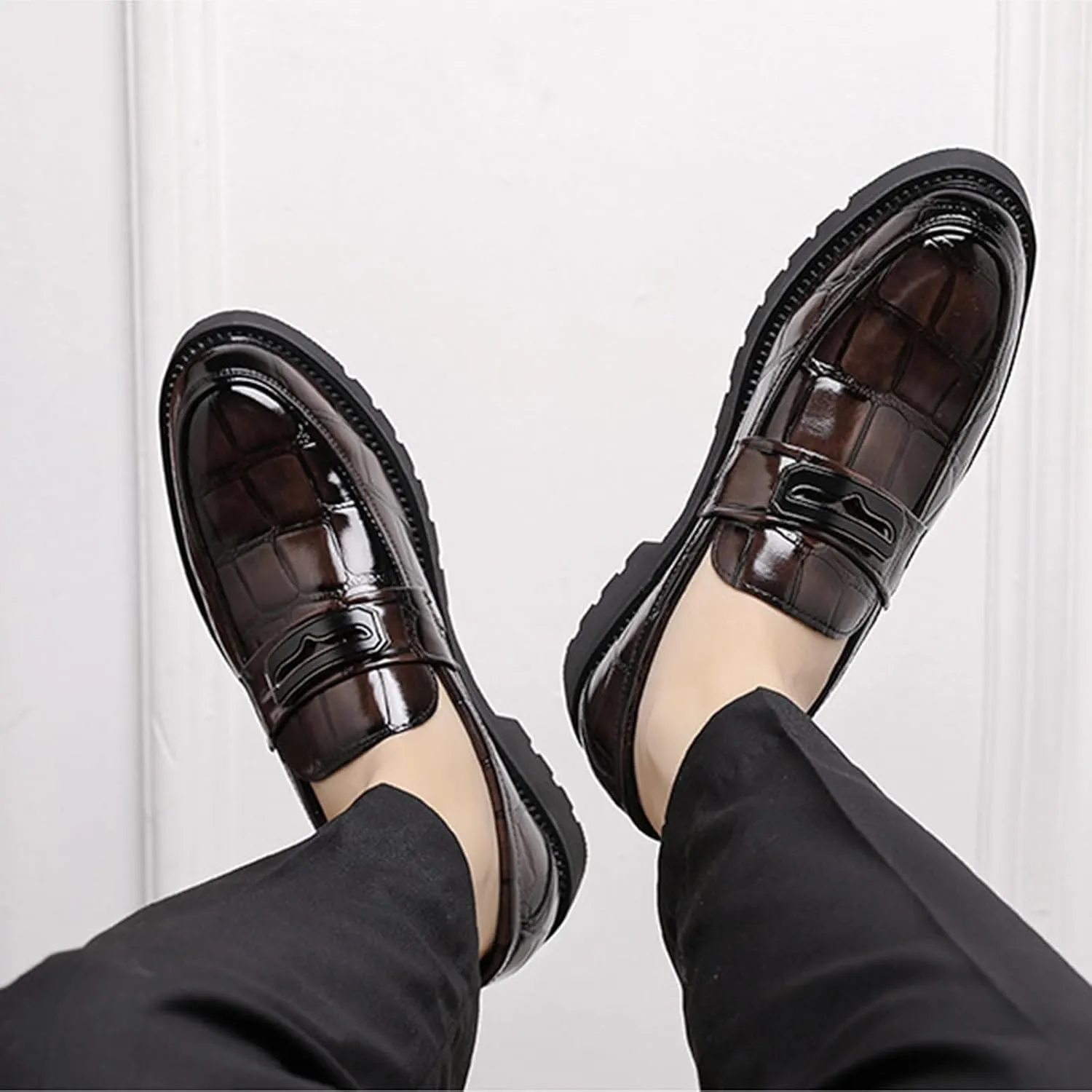Men's Patent Leather Printing Slip On Platform Loafers Comfort Round Toe Non-Slip Lug Sole Business Dress Shoes Fashion Causal Party Wedding Prom Work Shoes