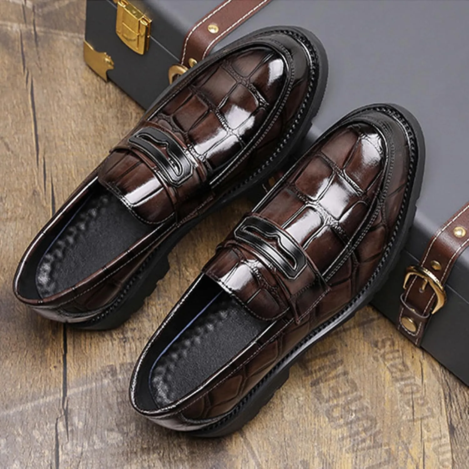 Men's Patent Leather Printing Slip On Platform Loafers Comfort Round Toe Non-Slip Lug Sole Business Dress Shoes Fashion Causal Party Wedding Prom Work Shoes