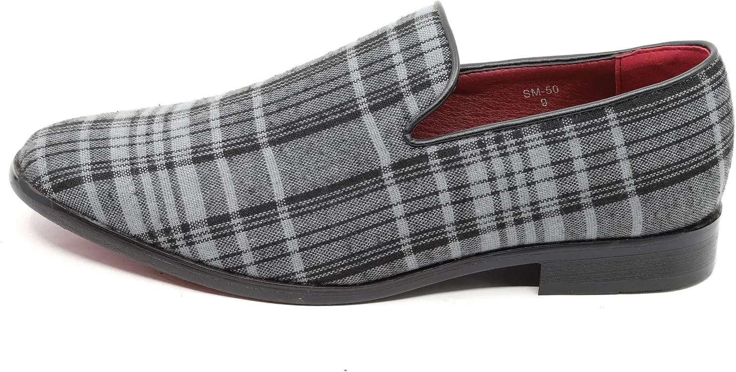 Men's Vintage Plaid Fashion Smoking Slipper Dress Tuxedo Loafers Slip On Shoes SM-50