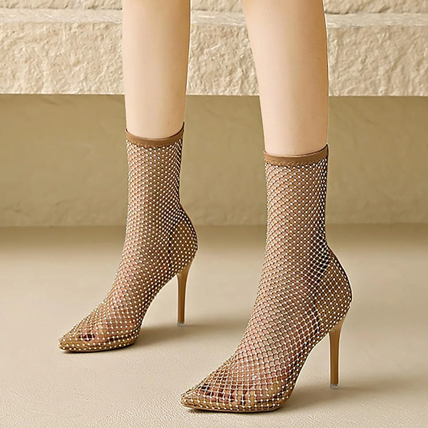 Mesh Boots for Women Dressy 2025 Sparkly Sexy Ankle Boots Sheer Dress Pump Pointed Toe Stiletto Rhinestone High Heels Wedding Evening Heeled Sandals