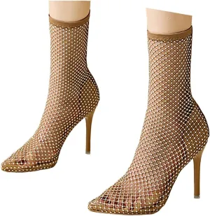Mesh Boots for Women Dressy 2025 Sparkly Sexy Ankle Boots Sheer Dress Pump Pointed Toe Stiletto Rhinestone High Heels Wedding Evening Heeled Sandals