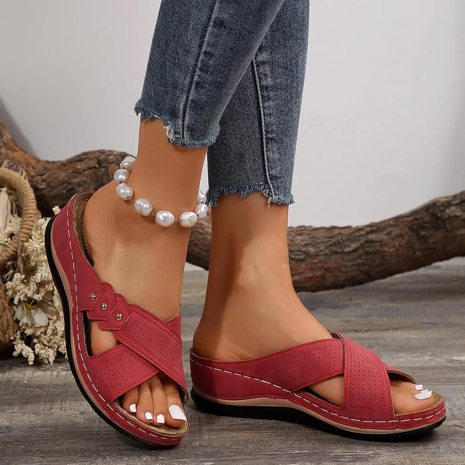 Mesh Breathable Orthopedic Sandals for Women 2025 Cross Strap Dressy Casual Slip on Slides Summer Comfy Wedge Walking Sandals