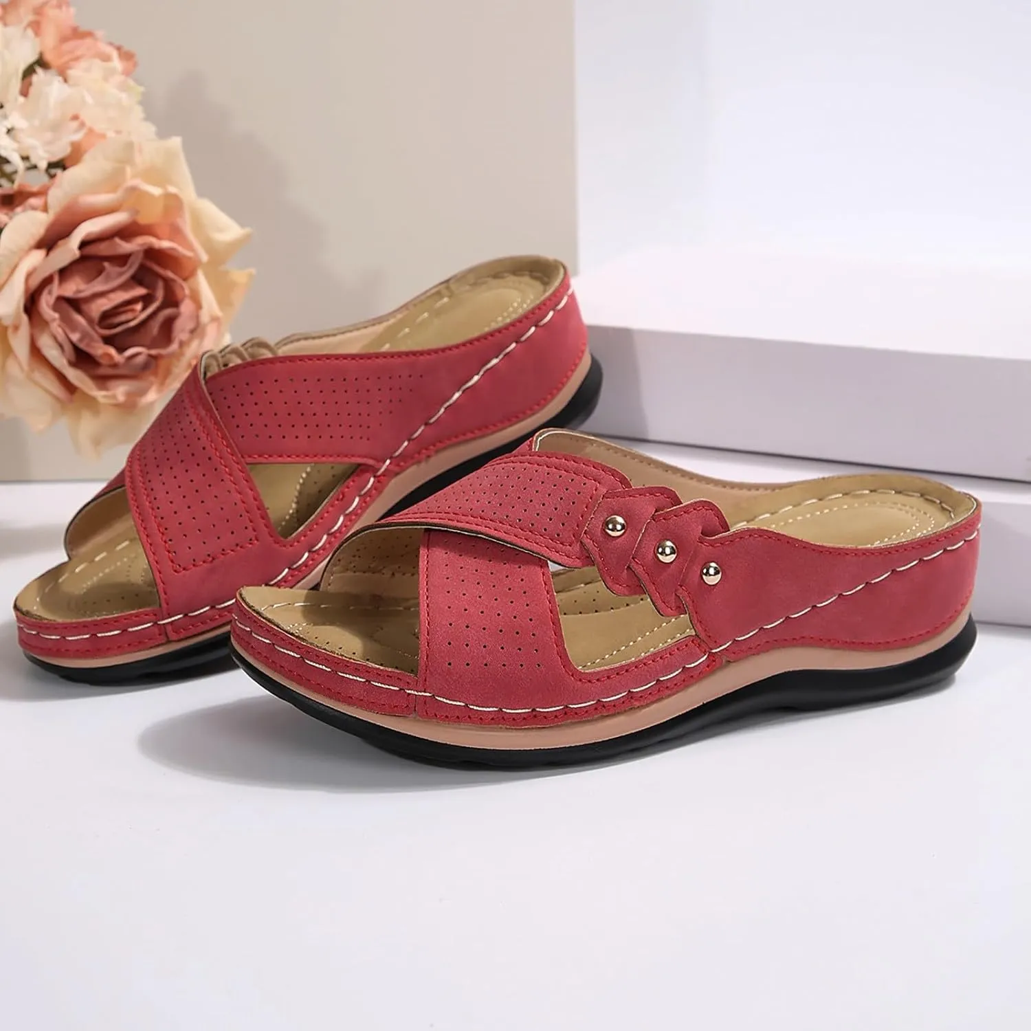 Mesh Breathable Orthopedic Sandals for Women 2025 Cross Strap Dressy Casual Slip on Slides Summer Comfy Wedge Walking Sandals