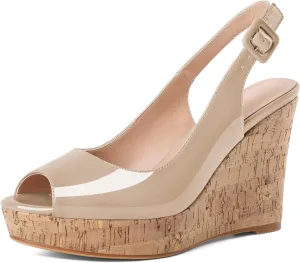 Mettesally Womens Slingback Heels High Wedge Platform Sandals Peep Round Toe 3.9 Inch Cork Sole Pumps Elegant Summer Office Dress Shoes