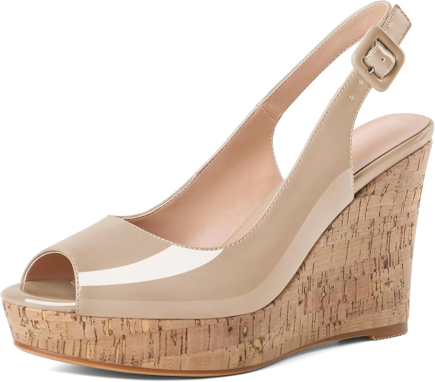 Mettesally Womens Slingback Heels High Wedge Platform Sandals Peep Round Toe 3.9 Inch Cork Sole Pumps Elegant Summer Office Dress Shoes