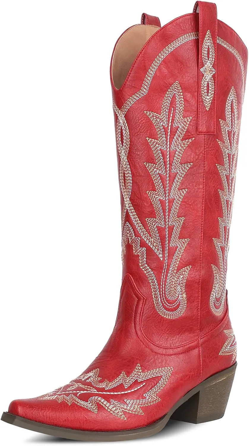 mikarka Cowboy Boots for Women Cowgirl Boots Knee High Western Boots w/Classic Embroidered Pointed Toe Slip-On Chunky Heel Pull On Retro Fashion Tall Long Boot for Ladies