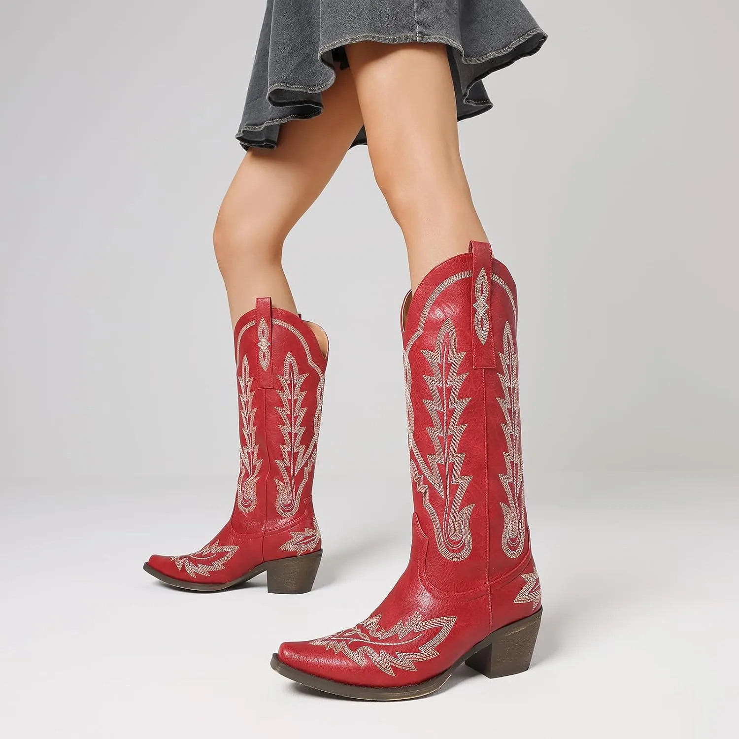 mikarka Cowboy Boots for Women Cowgirl Boots Knee High Western Boots w/Classic Embroidered Pointed Toe Slip-On Chunky Heel Pull On Retro Fashion Tall Long Boot for Ladies