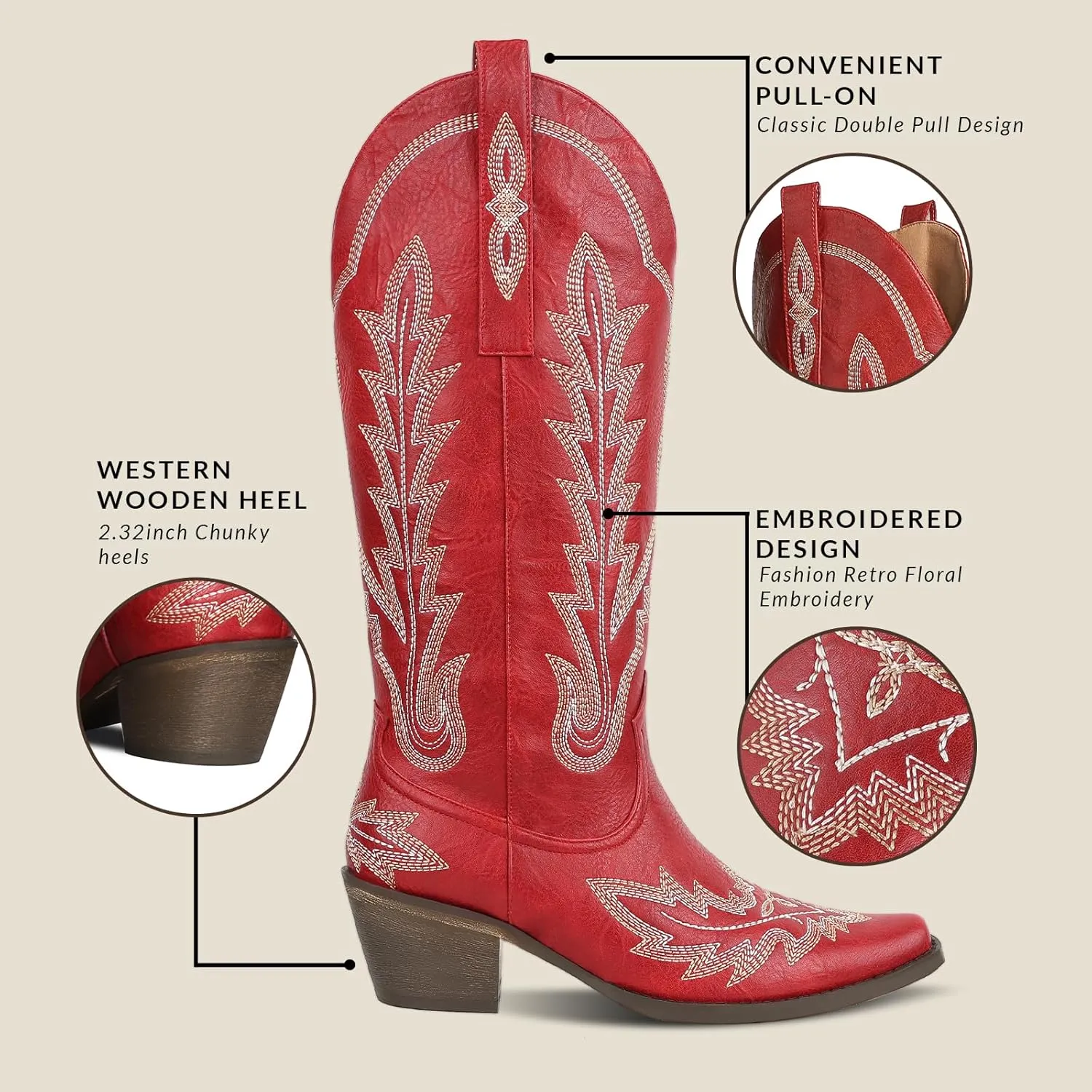 mikarka Cowboy Boots for Women Cowgirl Boots Knee High Western Boots w/Classic Embroidered Pointed Toe Slip-On Chunky Heel Pull On Retro Fashion Tall Long Boot for Ladies