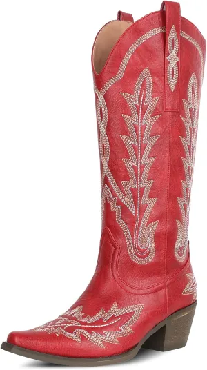 mikarka Cowboy Boots for Women Cowgirl Boots Knee High Western Boots w/Classic Embroidered Pointed Toe Slip-On Chunky Heel Pull On Retro Fashion Tall Long Boot for Ladies