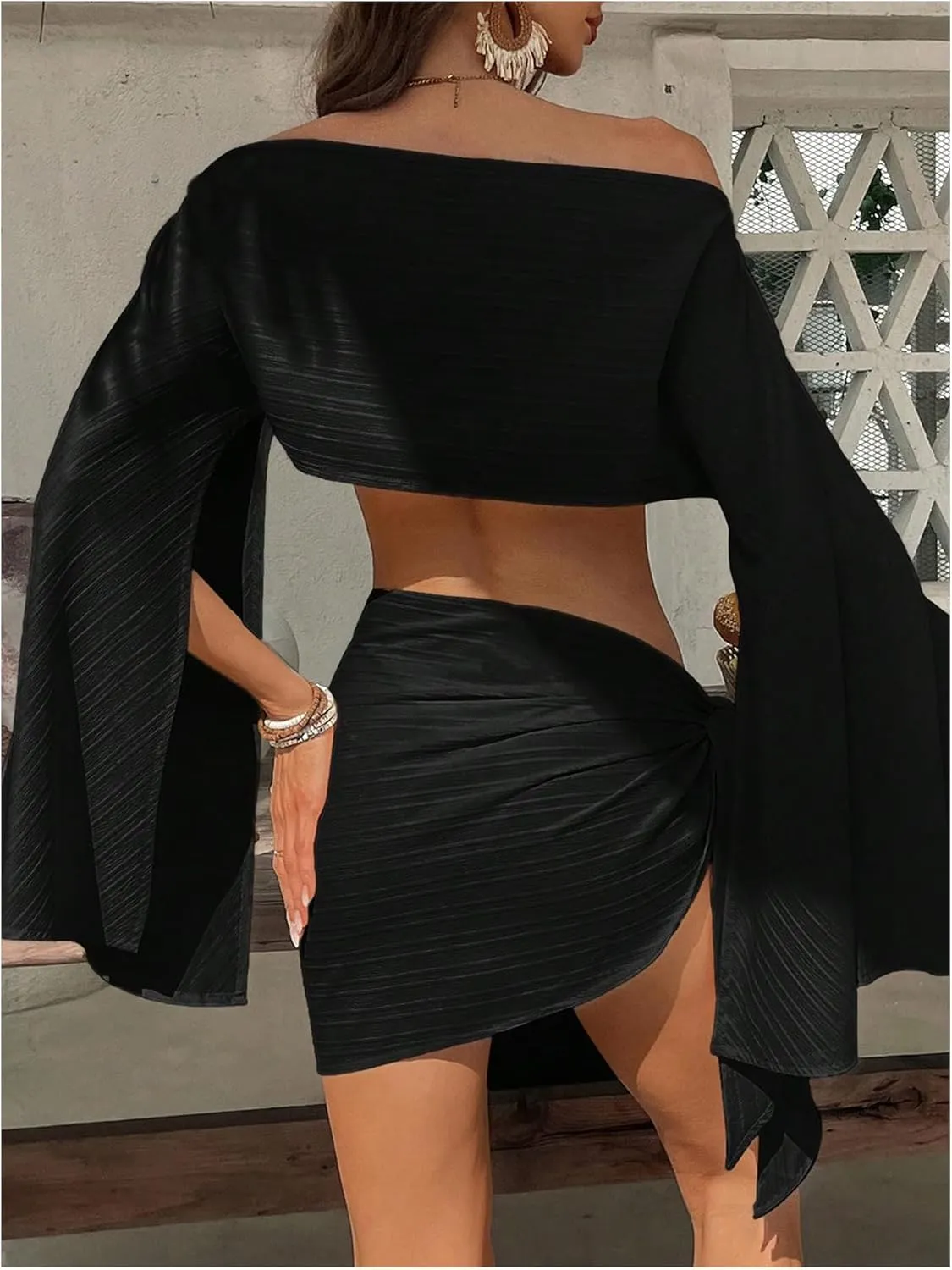 Milumia Women's 2 Piece Off Shoulder Bell Sleeve Crop Top Wrap Mini Skirt Set Beach Swimsuit Cover Up