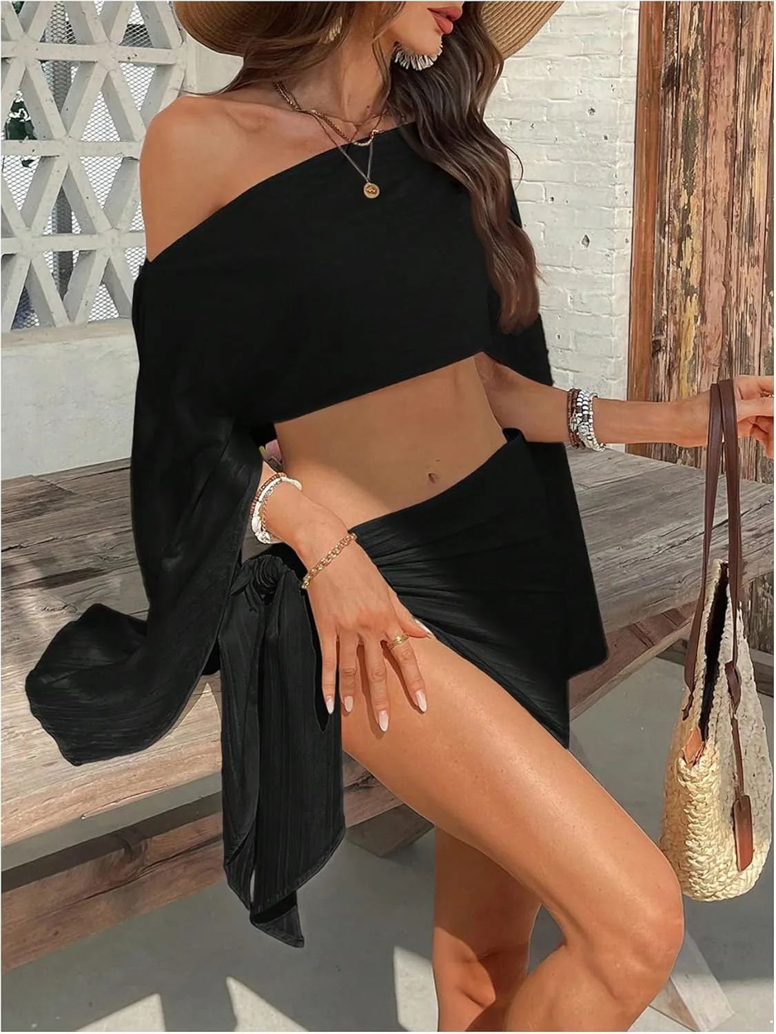 Milumia Women's 2 Piece Off Shoulder Bell Sleeve Crop Top Wrap Mini Skirt Set Beach Swimsuit Cover Up
