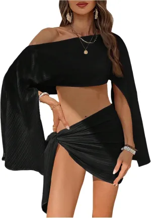 Milumia Women's 2 Piece Off Shoulder Bell Sleeve Crop Top Wrap Mini Skirt Set Beach Swimsuit Cover Up