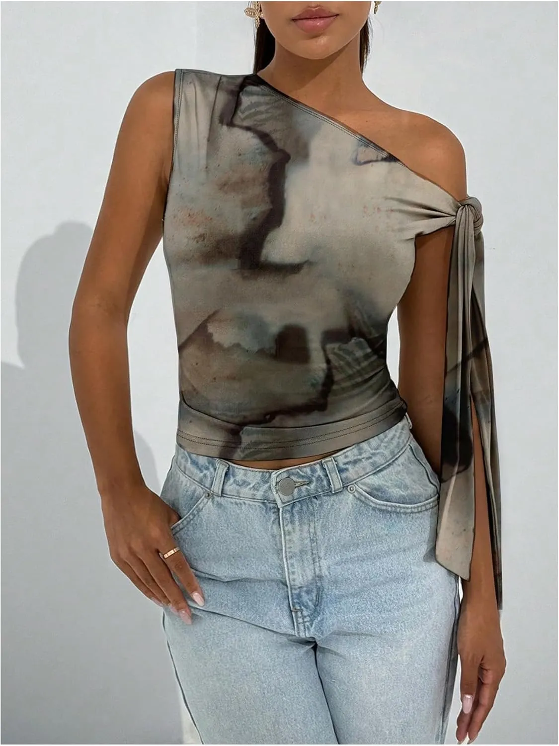 Milumia Women's Tie Dye Knot Side Tank Top Asymmetrical Neck Sleeveless Casual Tops