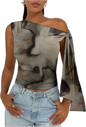 Milumia Women's Tie Dye Knot Side Tank Top Asymmetrical Neck Sleeveless Casual Tops