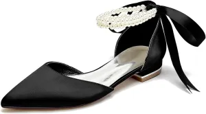 Minishion Beaded Wedding Flats Shoes for Women Girls Ankle Chain Evening Formal Pumps with Ribbon MS321