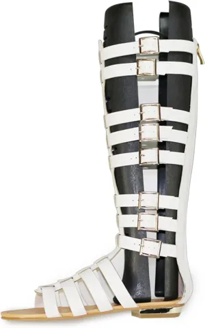 Minishion Women Tall Gladiator Sandals Knee High Strappy Summer Flats with Buckle TM027