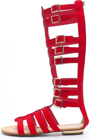 Minishion Women Tall Gladiator Sandals Knee High Strappy Summer Flats with Buckle TM027
