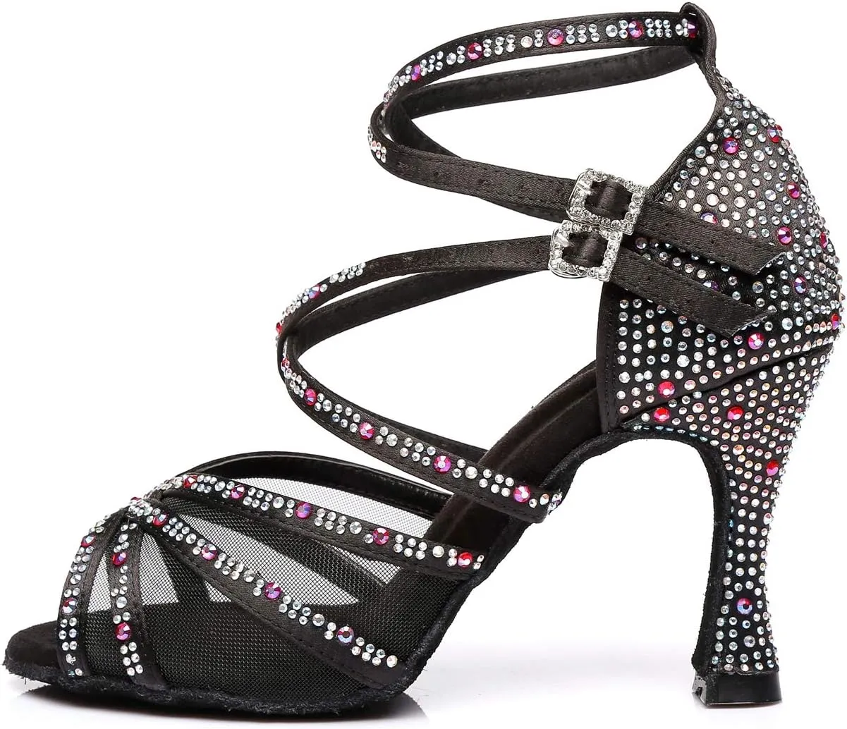 Minishion Womens Rhinestones Dancing Sandals Elegant Mesh Wedding Prom Shoes