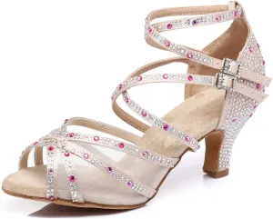 Minishion Womens Rhinestones Dancing Sandals Elegant Mesh Wedding Prom Shoes