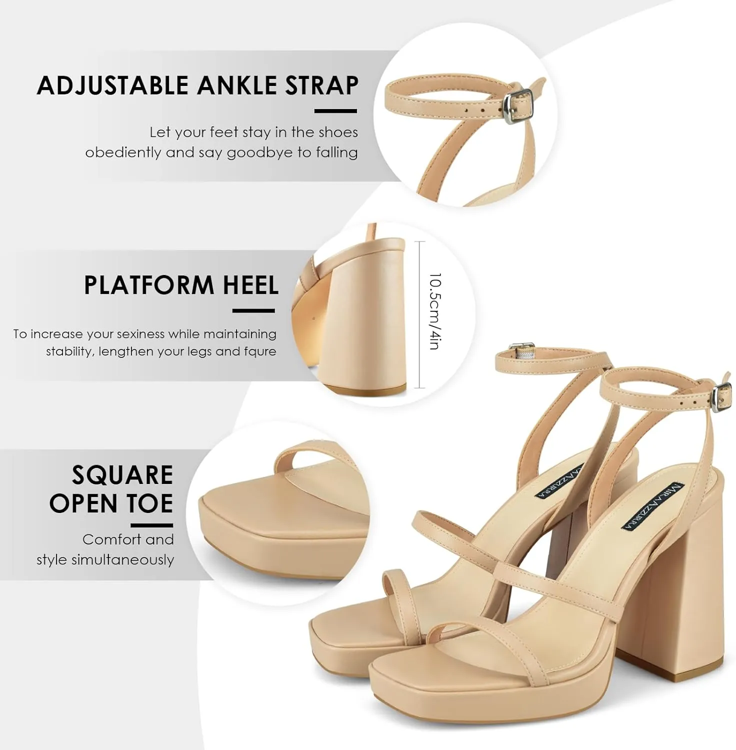 MIRAAZZURRA Platform Strappy Heel Sandals Square Open Toe Two Strap Chunky High Heeled Sandals with Buckle Ankle Strap for Women Party Wedding Dress