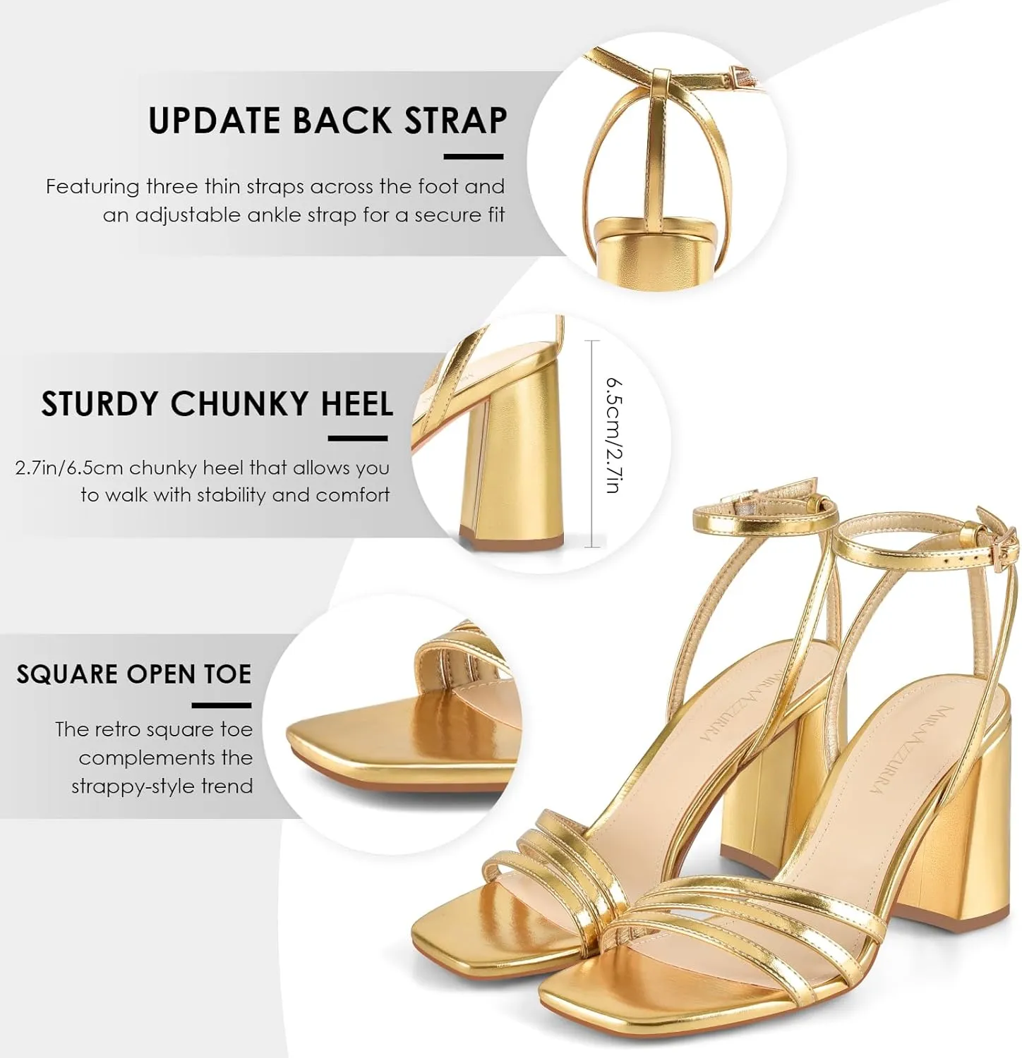 MIRAAZZURRA Womens Heeled Sandals, Square Open Toe Chunky Block Heels with Ankle Strap, for Women Daily Party Dress Comfortable Heels