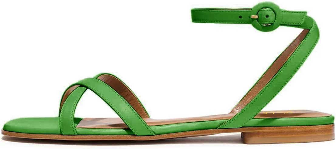 miss left Women Crisscross Strap Open Toe Flat Sandals Ankle Strap Buckle Summer Vacation Comfortable Daily Shoes Size 4-16 US