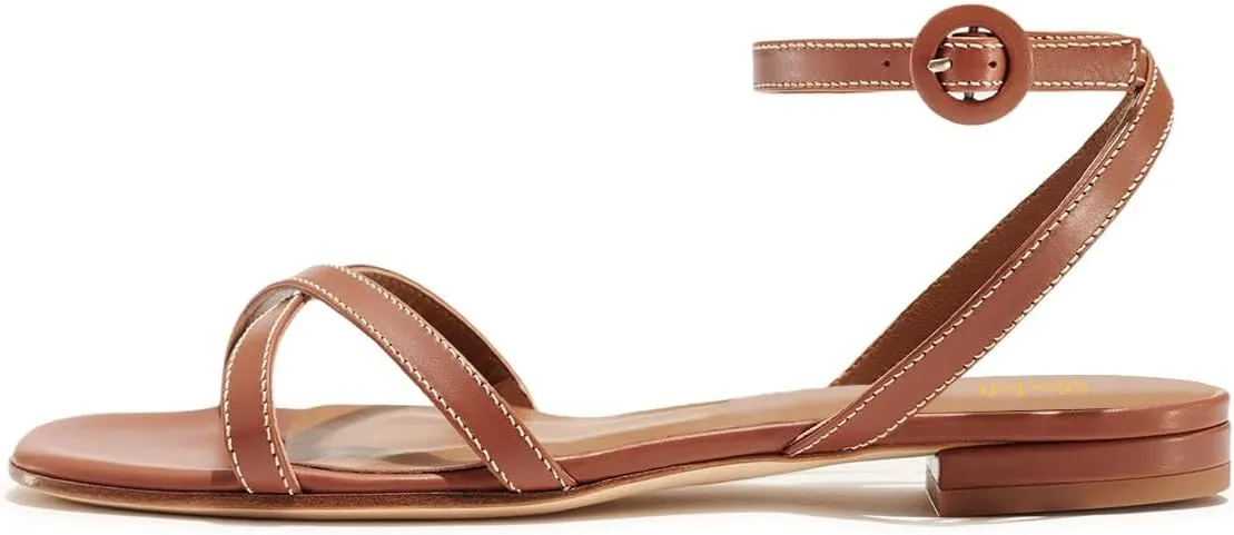 miss left Women Crisscross Strap Open Toe Flat Sandals Ankle Strap Buckle Summer Vacation Comfortable Daily Shoes Size 4-16 US