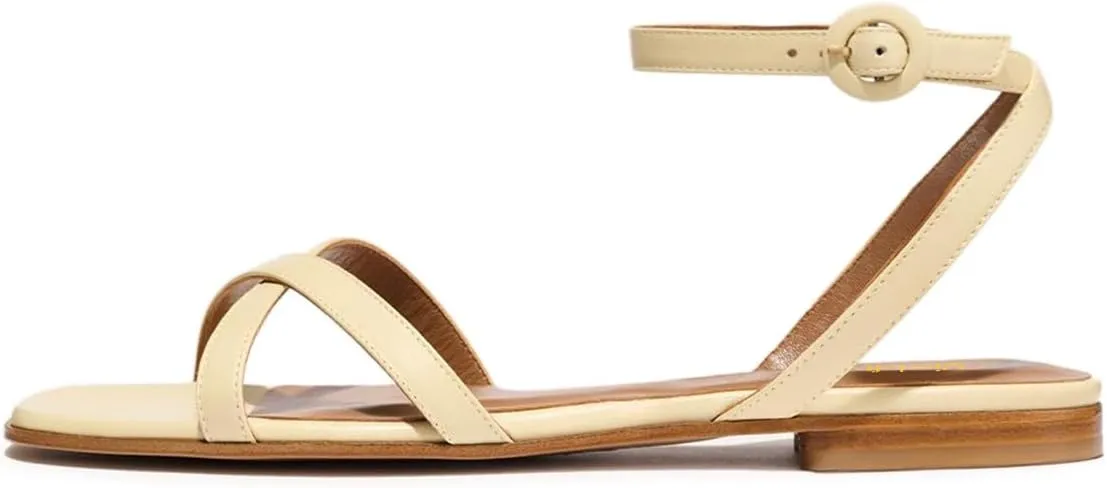 miss left Women Crisscross Strap Open Toe Flat Sandals Ankle Strap Buckle Summer Vacation Comfortable Daily Shoes Size 4-16 US