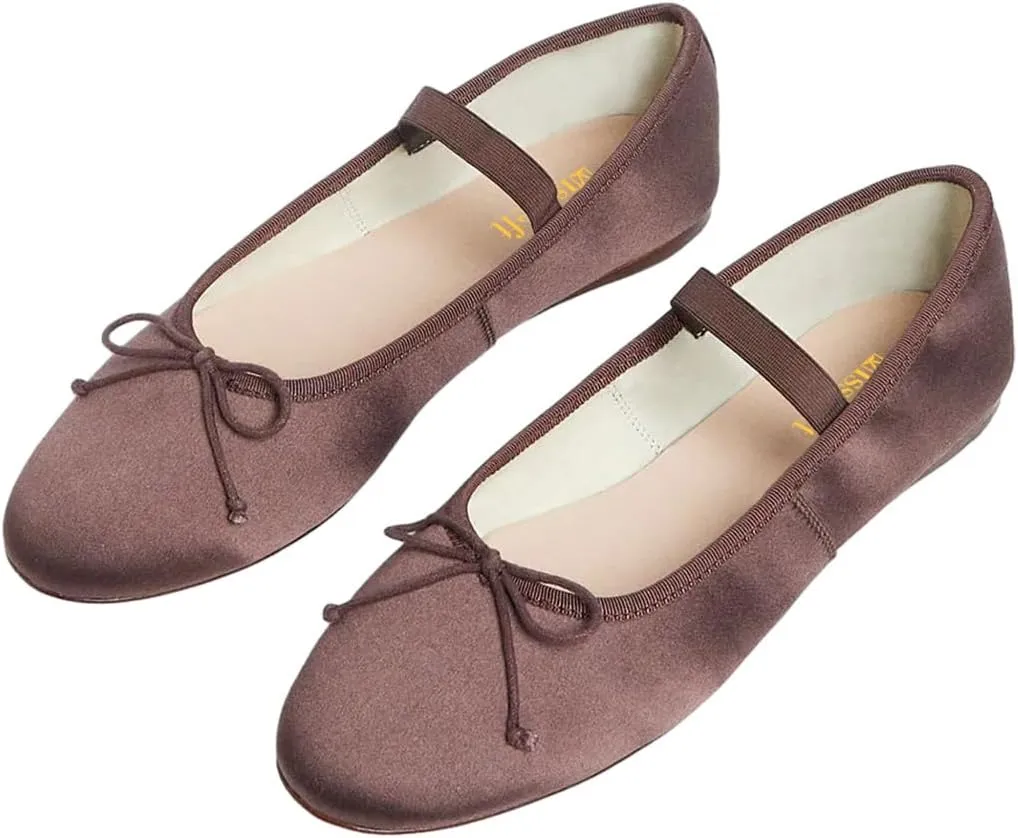 miss left Women Girls Adorable Closed Round Toe Mary Jane Flats Bowknot Elastic Strap Comfortable Dancing Ballet Shoes Size 4-16 US