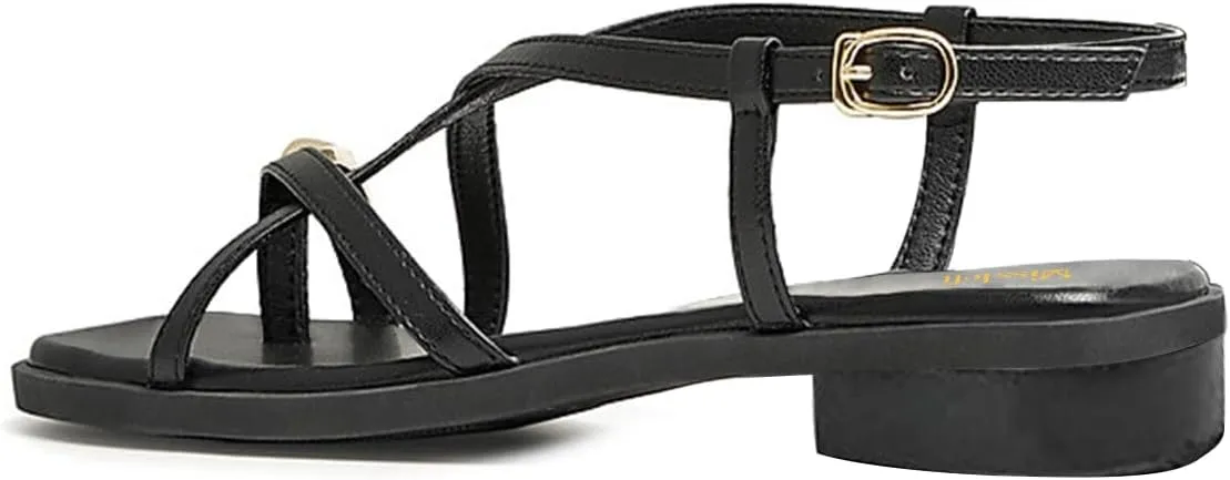 miss left Women Open Split Toe Strappy Flat Sandals Strap Buckle Comfortable Summer Vacation Casual Travel Shoes Size 4-16 US