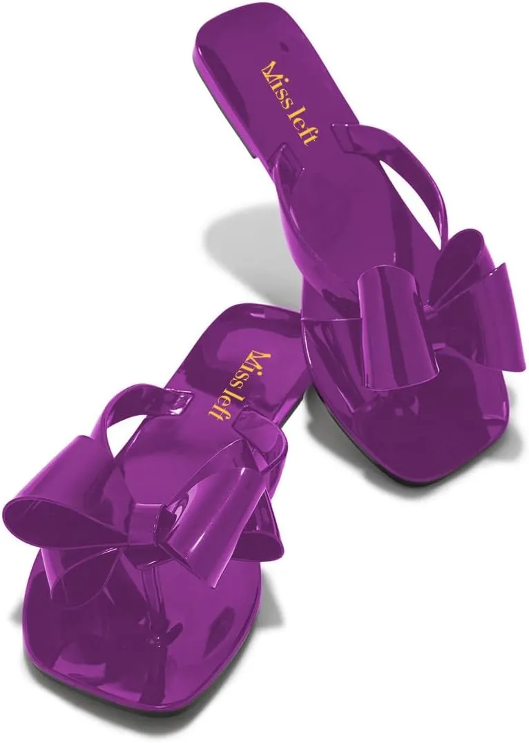 miss left Women Versatile Open Square Toe Flip Flops Double Bowknots Slip On Thong Sandal Flats Summer Prom Walking Shoes Size 4-16 US