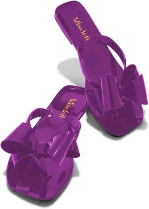 miss left Women Versatile Open Square Toe Flip Flops Double Bowknots Slip On Thong Sandal Flats Summer Prom Walking Shoes Size 4-16 US