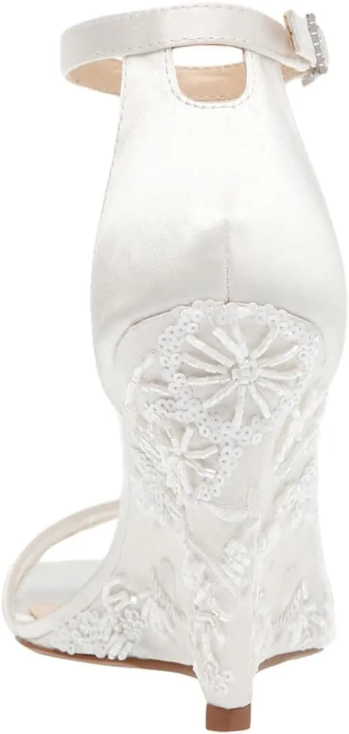 miss left Women Wedge Heel Sandals with Ankle Strap Embroidery Lace Open Toe High Heel Pumps Elegant Evening Shoes Size 4-16 US