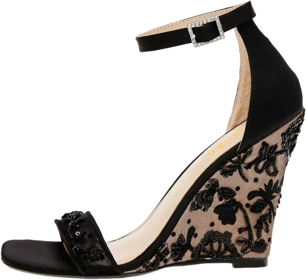 miss left Women Wedge Heel Sandals with Ankle Strap Embroidery Lace Open Toe High Heel Pumps Elegant Evening Shoes Size 4-16 US