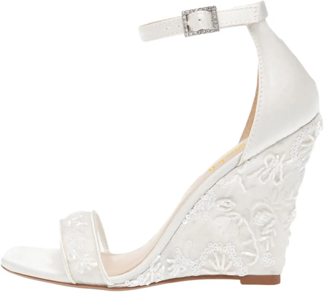 miss left Women Wedge Heel Sandals with Ankle Strap Embroidery Lace Open Toe High Heel Pumps Elegant Evening Shoes Size 4-16 US