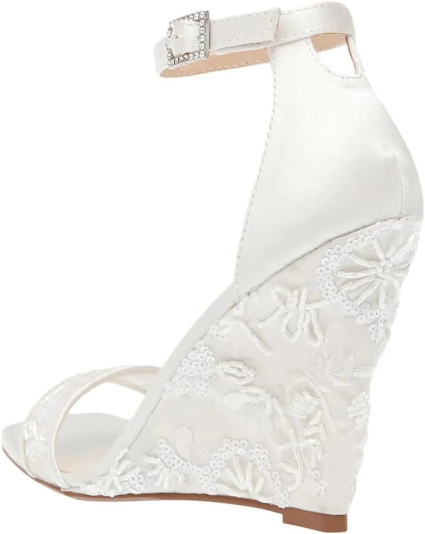 miss left Women Wedge Heel Sandals with Ankle Strap Embroidery Lace Open Toe High Heel Pumps Elegant Evening Shoes Size 4-16 US
