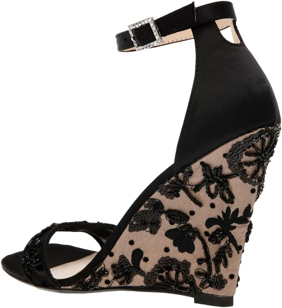 miss left Women Wedge Heel Sandals with Ankle Strap Embroidery Lace Open Toe High Heel Pumps Elegant Evening Shoes Size 4-16 US