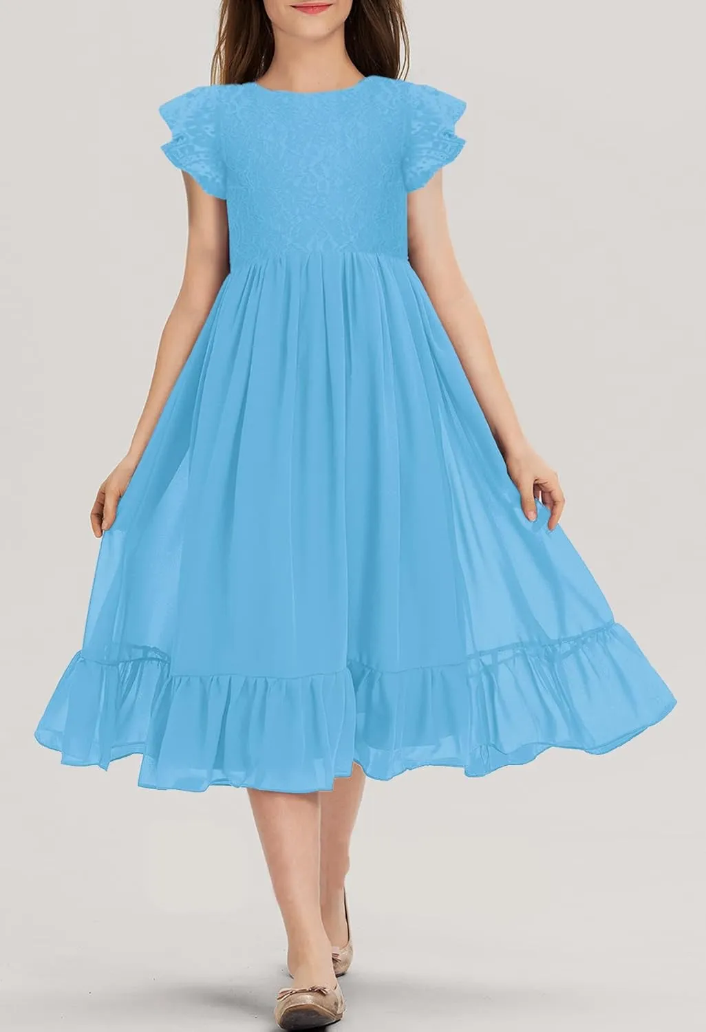 MITILLY Girls Elegant Lace Flower Crew Neck Ruffle Chiffon A-Line Flowy Birthday Party Midi Dress