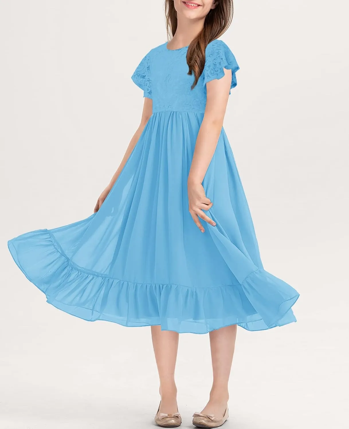MITILLY Girls Elegant Lace Flower Crew Neck Ruffle Chiffon A-Line Flowy Birthday Party Midi Dress