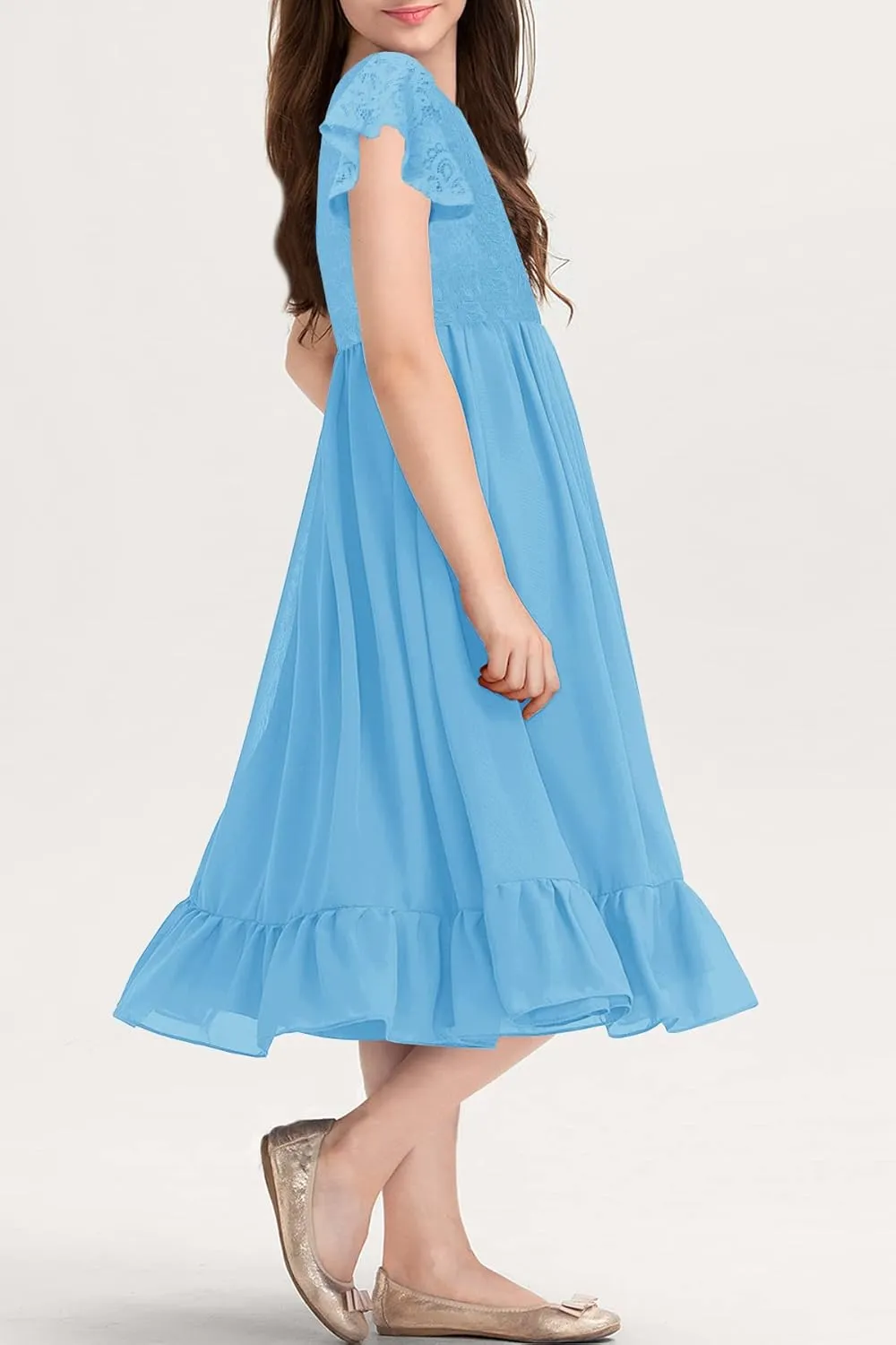 MITILLY Girls Elegant Lace Flower Crew Neck Ruffle Chiffon A-Line Flowy Birthday Party Midi Dress