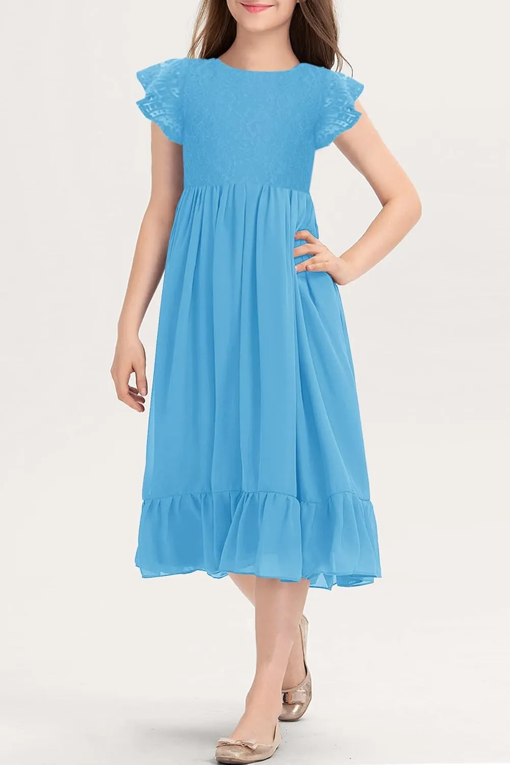 MITILLY Girls Elegant Lace Flower Crew Neck Ruffle Chiffon A-Line Flowy Birthday Party Midi Dress