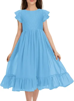 MITILLY Girls Elegant Lace Flower Crew Neck Ruffle Chiffon A-Line Flowy Birthday Party Midi Dress