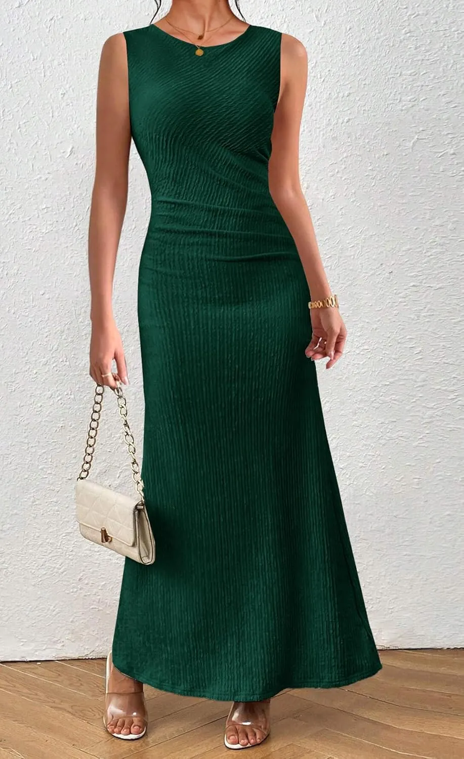 MITILLY Summer Formal Maxi Dresses for Women 2025 Sleeveless Crew Neck Textured Ruched Bodycon Elegant Wedding Guest Dress