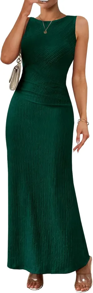 MITILLY Summer Formal Maxi Dresses for Women 2025 Sleeveless Crew Neck Textured Ruched Bodycon Elegant Wedding Guest Dress