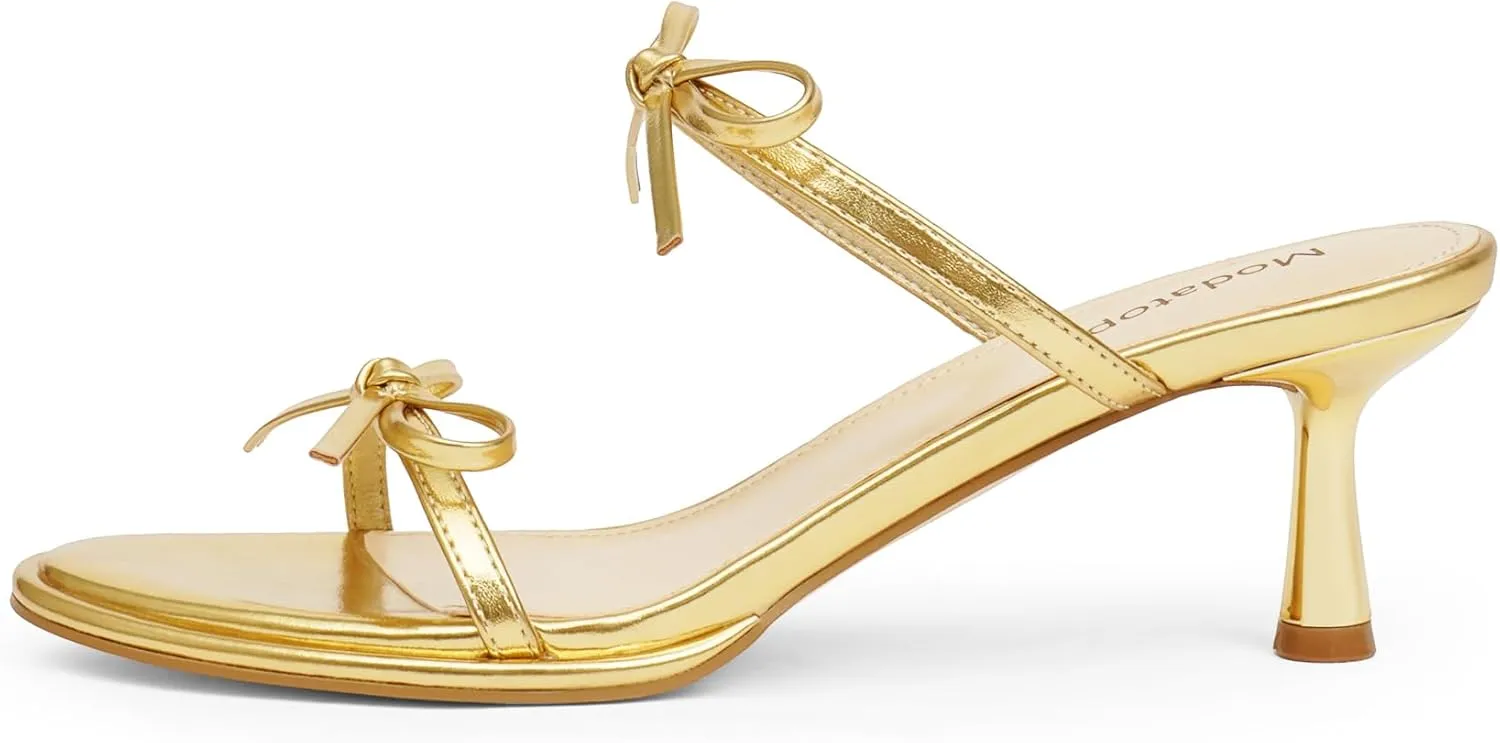 Modatope Two Strap Bow Tie Kitten Heel Sandals for Women Rounded Open Toe Heeled Sandals Women