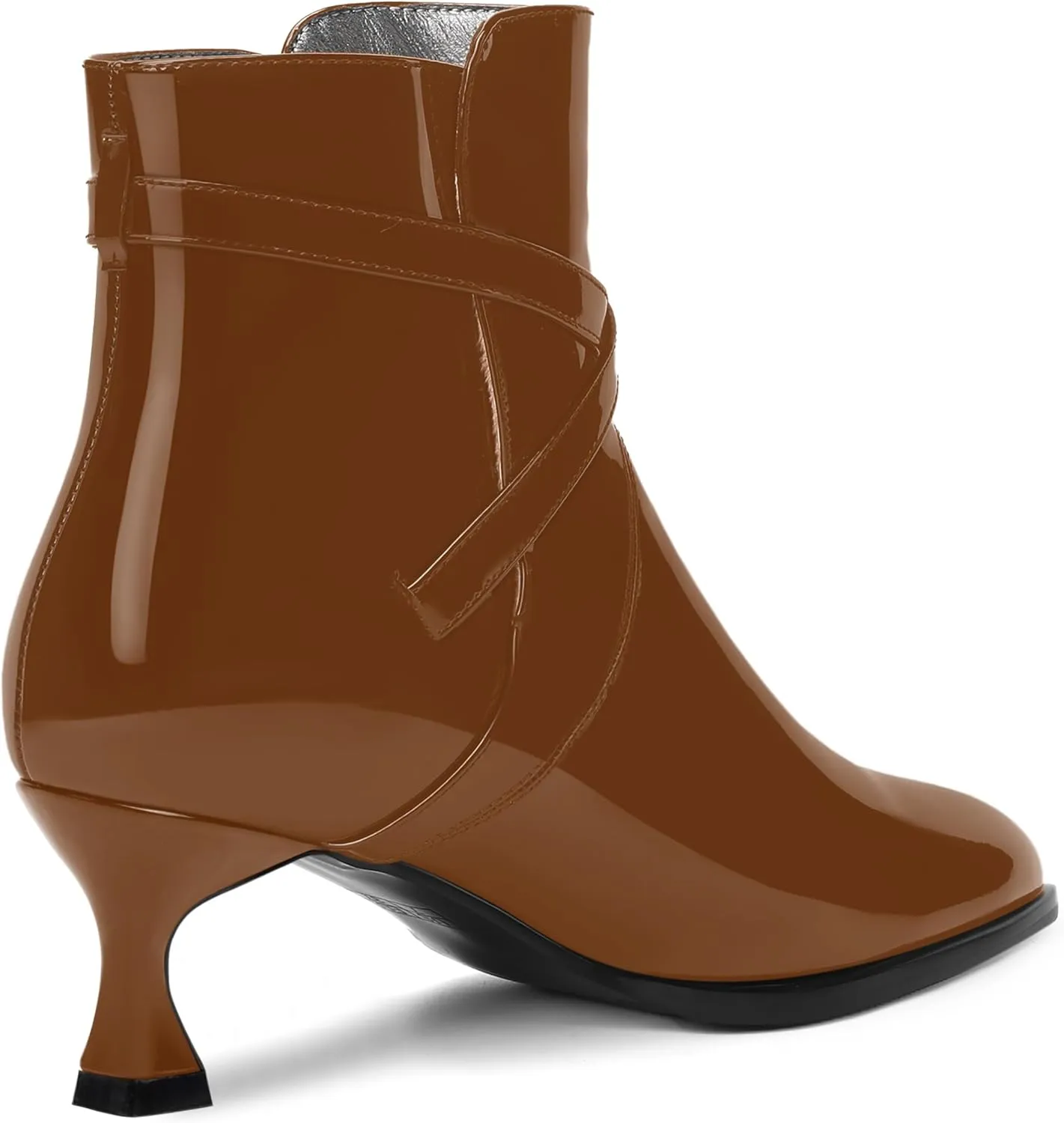 MODENCOCO Womens Dating Patent Dress Buckle Round Toe Ankle Strap Zip Kitten Low Heel Ankle High Boots 2 Inch