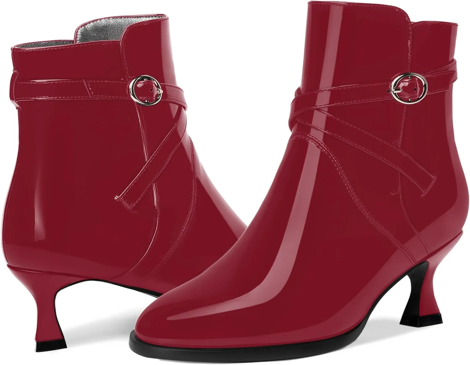 MODENCOCO Womens Dating Patent Dress Buckle Round Toe Ankle Strap Zip Kitten Low Heel Ankle High Boots 2 Inch